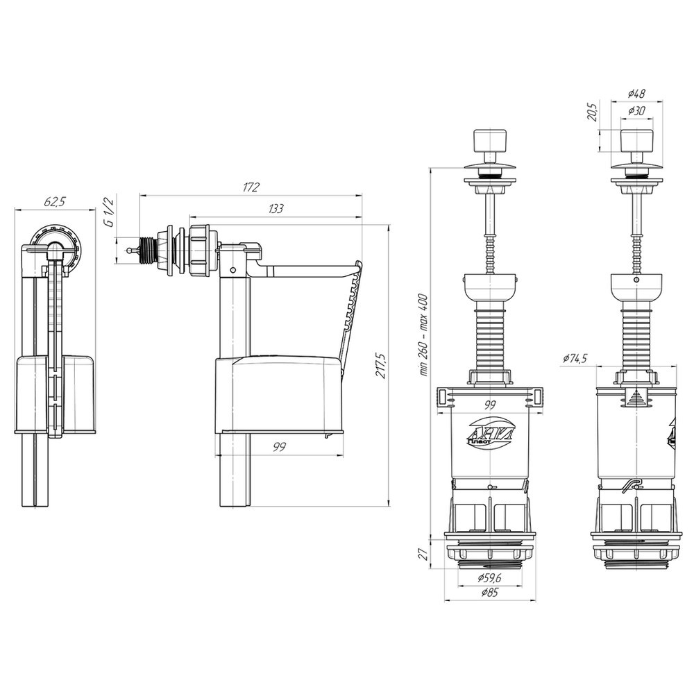 Арматура для бачка унитаза АНИ пласт боковой подвод пластиковая ручка WC4050M