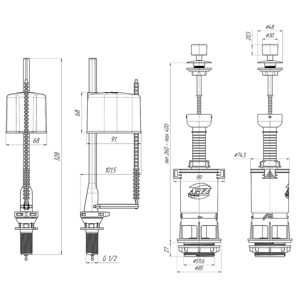 Арматура для бачка унитаза АНИ пласт нижний подвод пластиковая ручка WC4550M