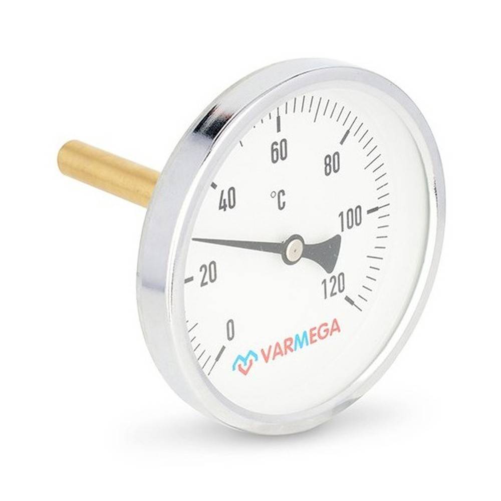Термометр биметаллический VARMEGA 80 мм 0-120 °C погружной 1/2 штуцер 75 мм VMMT01-807504