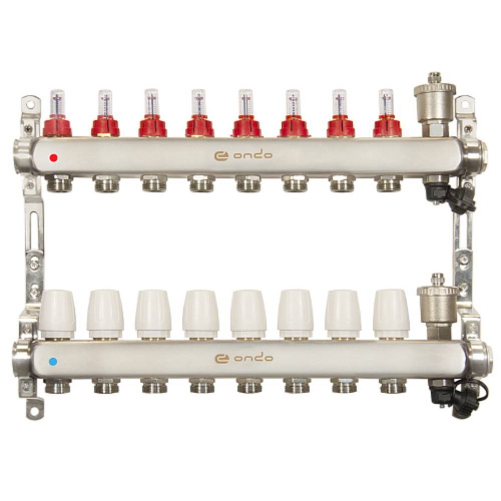 Группа коллекторная ONDO 8 выходов из нержавеющей стали с расходомерами и воздухоотводчиками ON.03.08