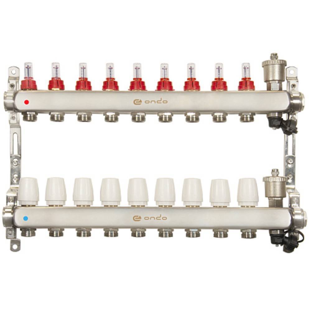 Группа коллекторная ONDO 9 выходов из нержавеющей стали с расходомерами и воздухоотводчиками ON.03.09