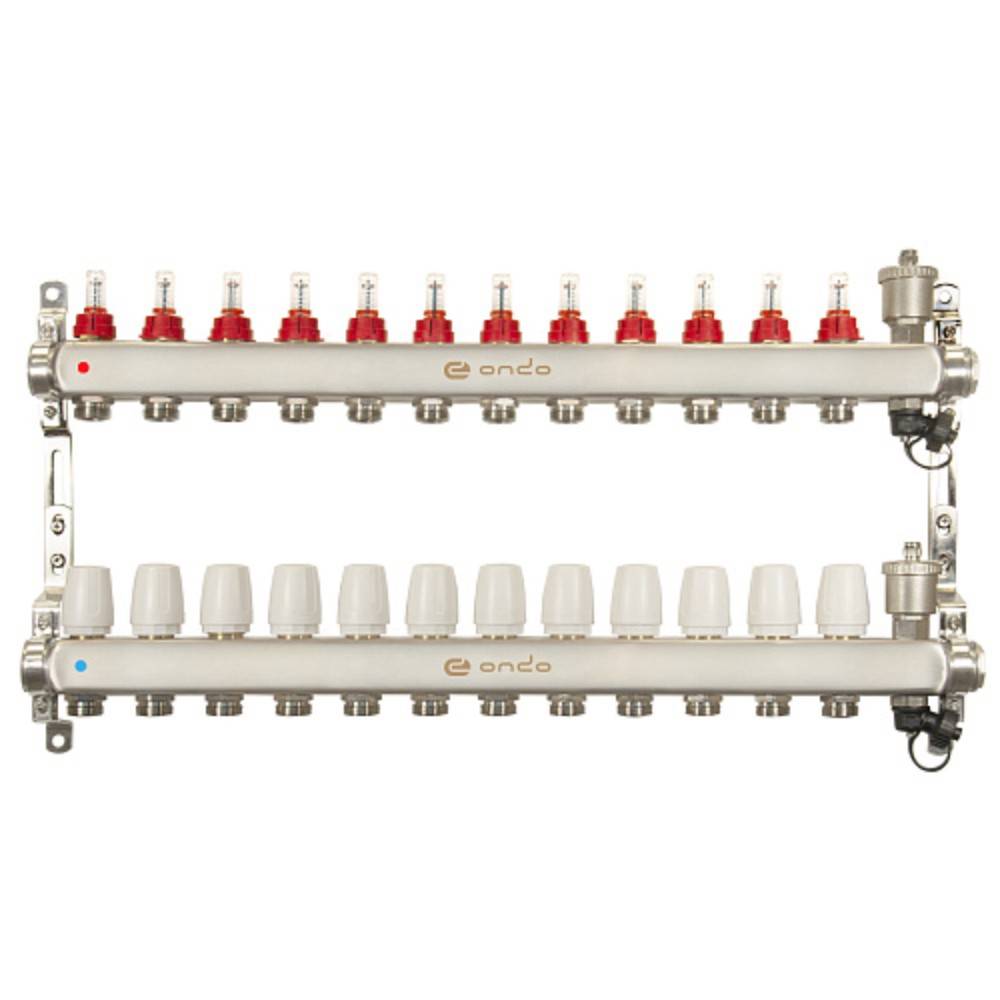 Группа коллекторная ONDO 12 выходов из нержавеющей стали с расходомерами и воздухоотводчиками ON.03.12