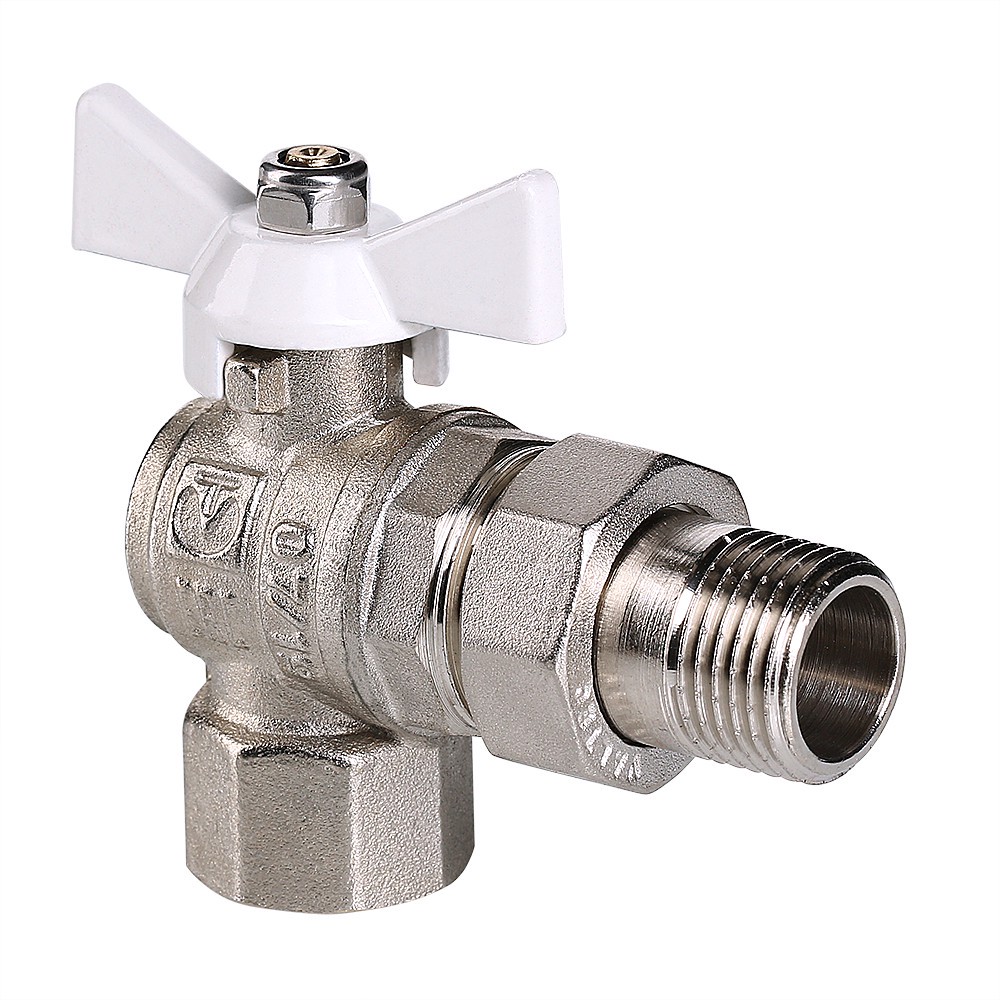 Кран шаровой Valtec BASE угловой с полусгоном 1/2 ВН белая бабочка VT.228.NW.04