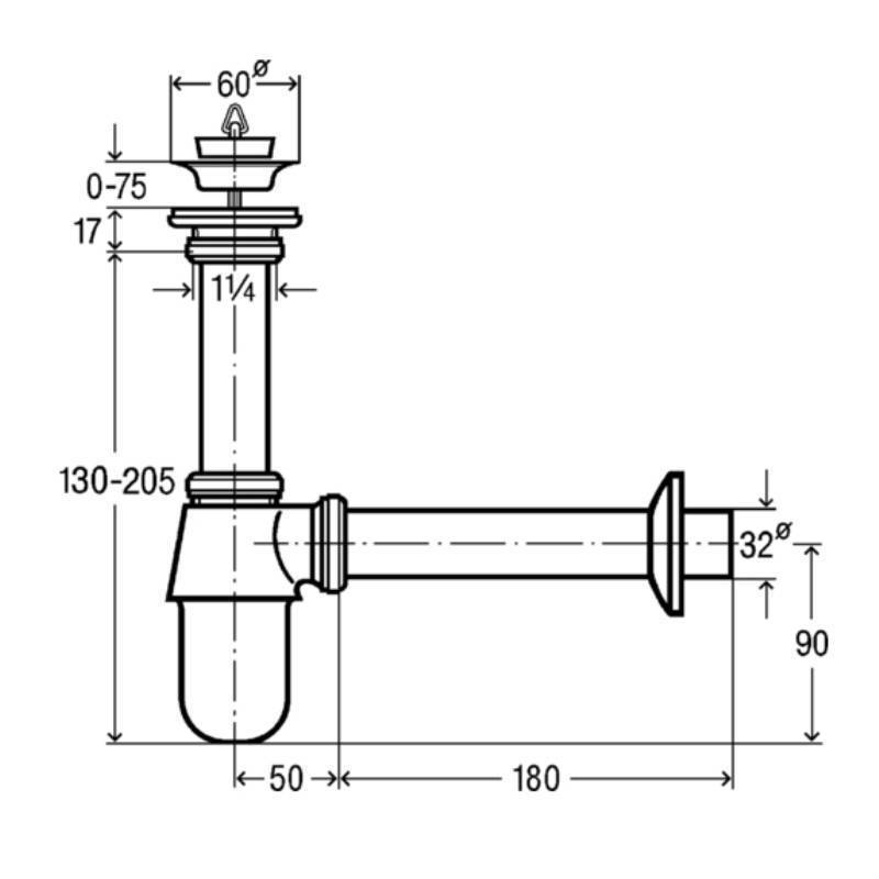 Сифон бутылочный Viega 1 1/4 x 32 x 150 мм с пробкой хром 456580
