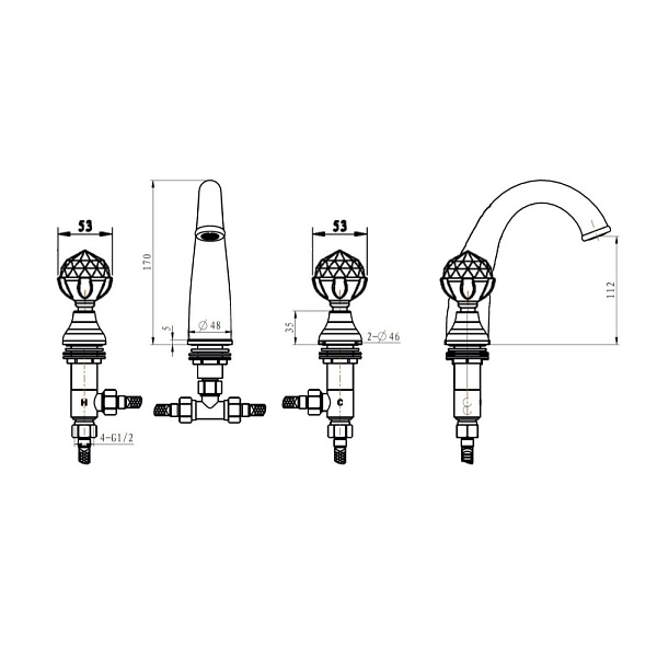 Смеситель для раковины Boheme Brillante Presente на 3 отверстия хром 357