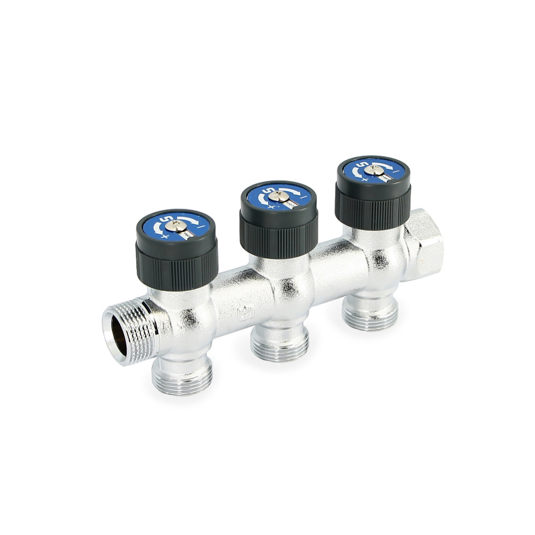 Коллектор распределительный Stout 3/4 НВ 3 выхода 3/4 EK выходы 180 градусов 50 мм с вентилями хромированный 519881