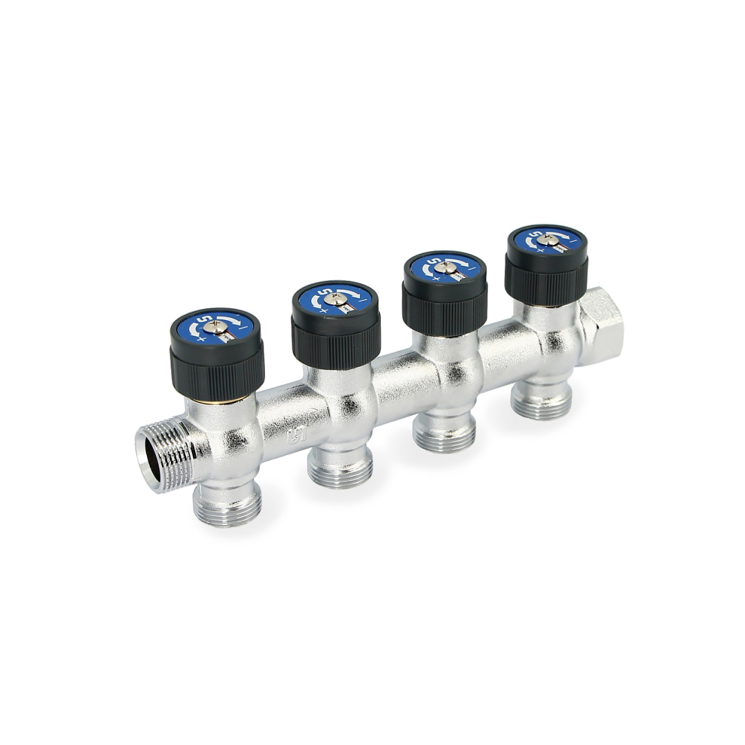 Коллектор распределительный Stout 3/4 НВ 4 выхода 3/4 EK выходы 180 градусов 50 мм с вентилями хромированный 519882