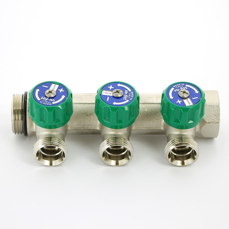 Коллектор НВ 1 х 3 вых 3/4 ЕК, вых 90', 50 мм, с вентилями, никель