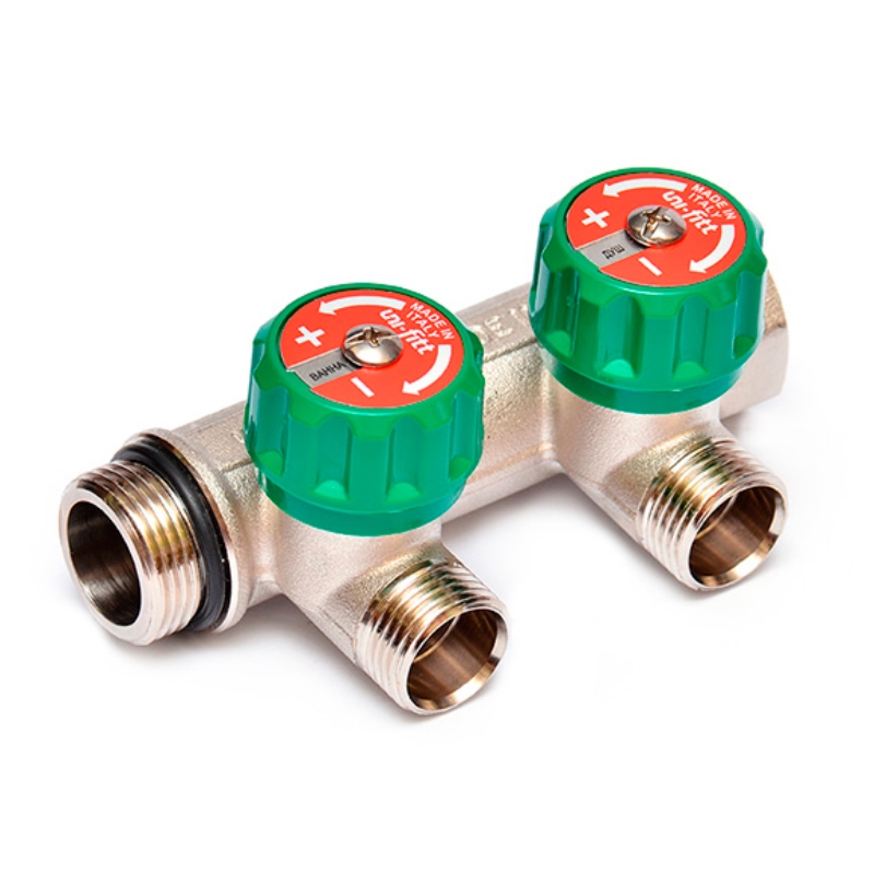 Коллектор НВ 3/4 х 3 вых 1/2 под п/прокладку, вых 90', 50 мм, с вентилями, никель