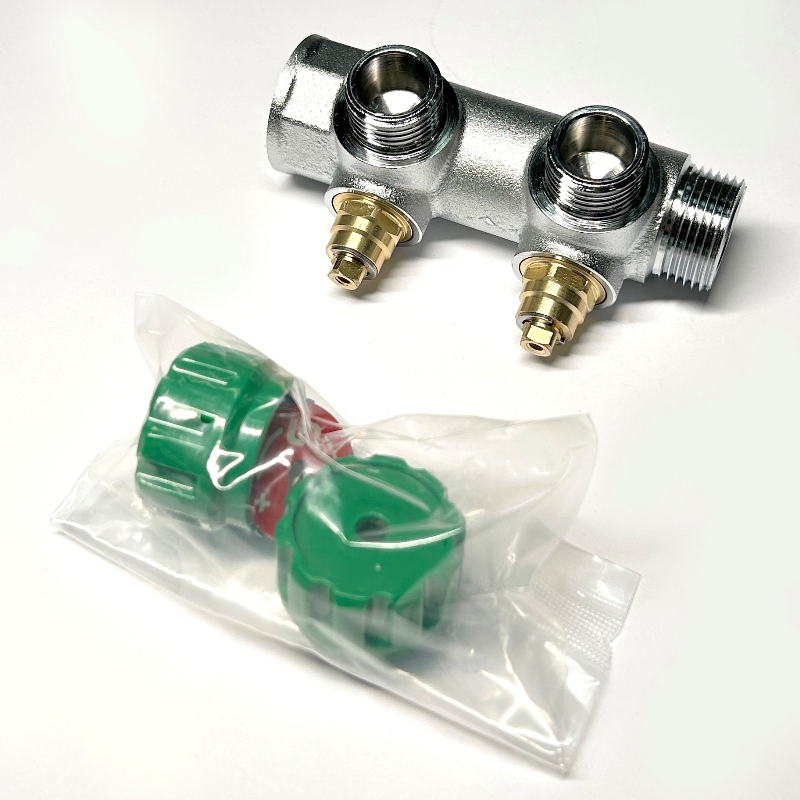 Коллектор НВ 3/4 х 2 вых 1/2 универсальный, вых 90', 45 мм, с вентилями, хром