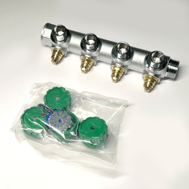 Коллектор НВ 3/4 х 4 вых 1/2 универсальный, вых 90', 45 мм, с вентилями, хром