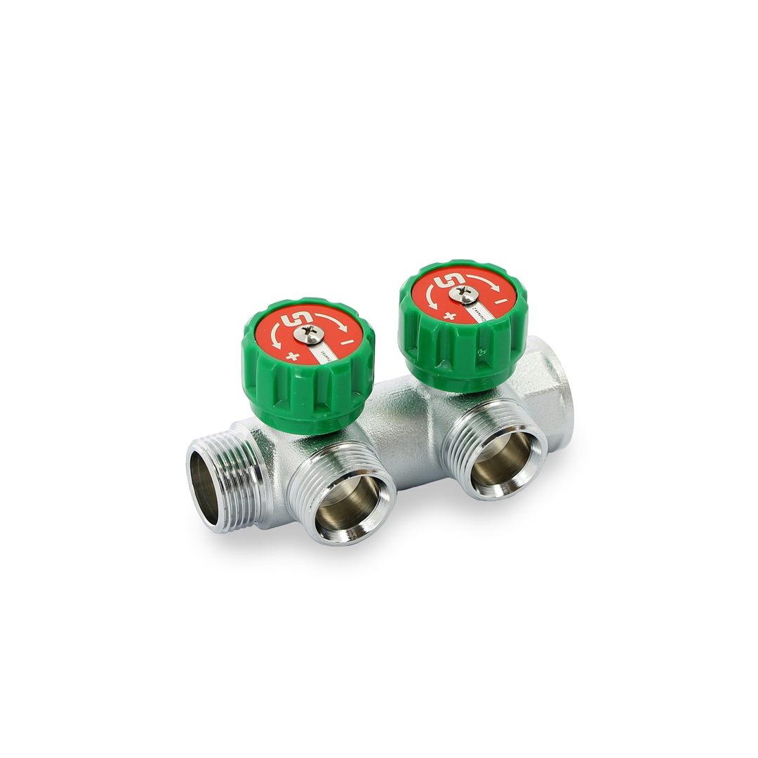 Коллектор распределительный Stout 3/4 НВ 2 выхода 3/4 EK с выходами под 90 градусов 45 мм с вентилями хромированный 505724