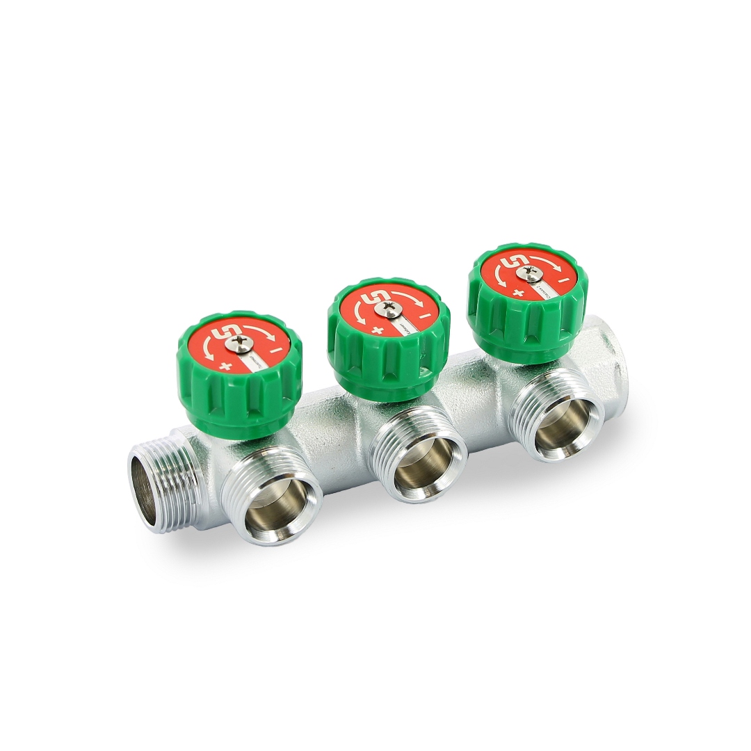 Коллектор распределительный Stout 3/4 НВ 3 выхода 3/4 EK с выходами под 90 градусов 45 мм с вентилями хромированный 505725