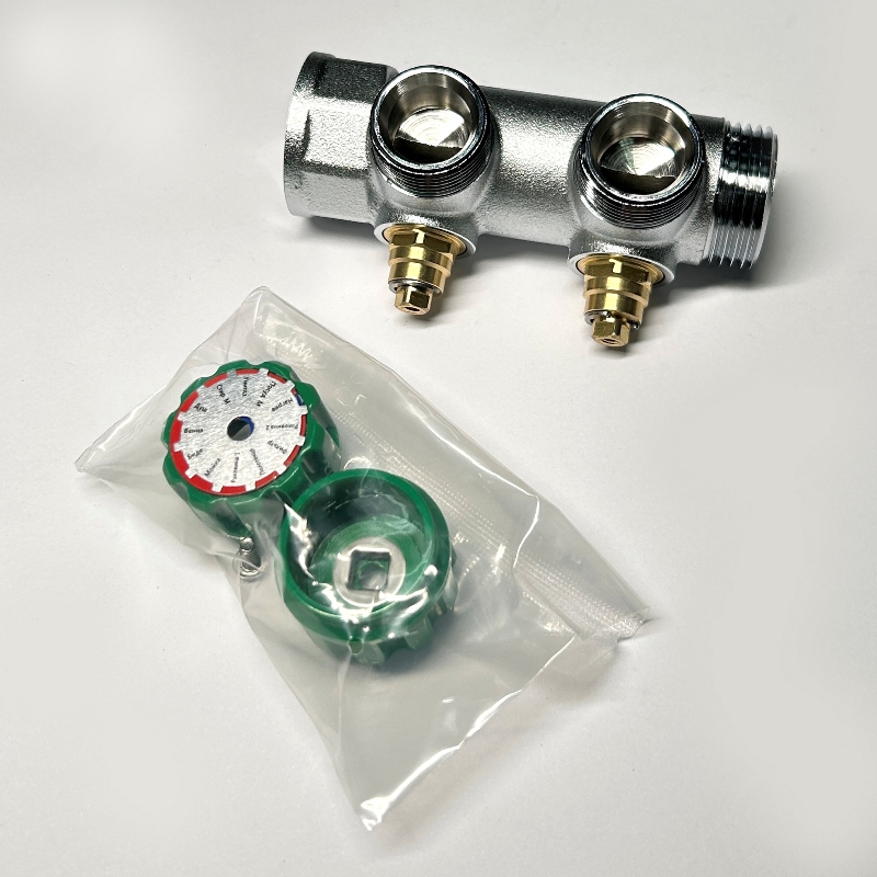 Коллектор НВ 1 х 2 вых 3/4 ЕК, вых 90', 45 мм, с вентилями, хром