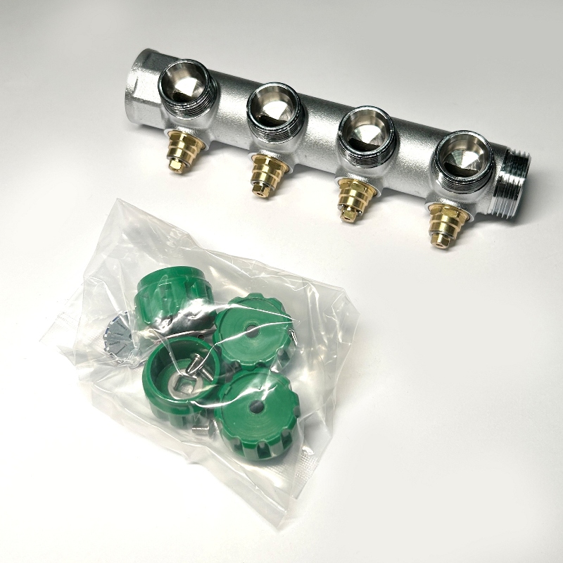 Коллектор НВ 1 х 4 вых 3/4 ЕК, вых 90', 45 мм, с вентилями, хром