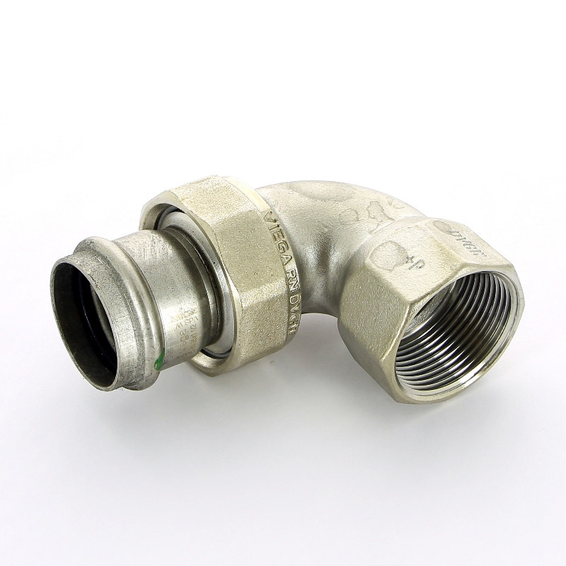 Угол пресс-В 35х11/4' нерж.сталь с разъемным соединением плоская прокладка Sanpress Inox SC-Contur