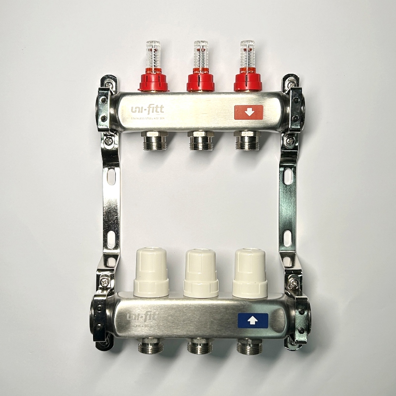 Коллекторная группа 1 x 3 выхода 3/4 STOUT с расходомерами из нержавеющей стали без концевых групп 450W4303