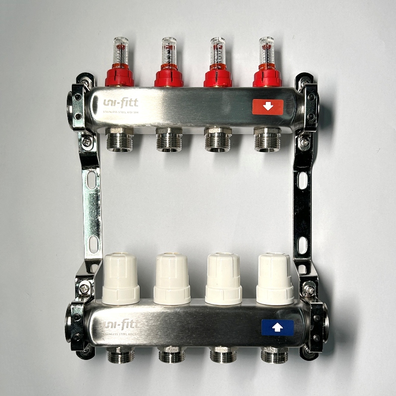 Колл.группа 1 х 4 вых 3/4 с расходомерами и термостатическими вентилями без конц, нерж. сталь
