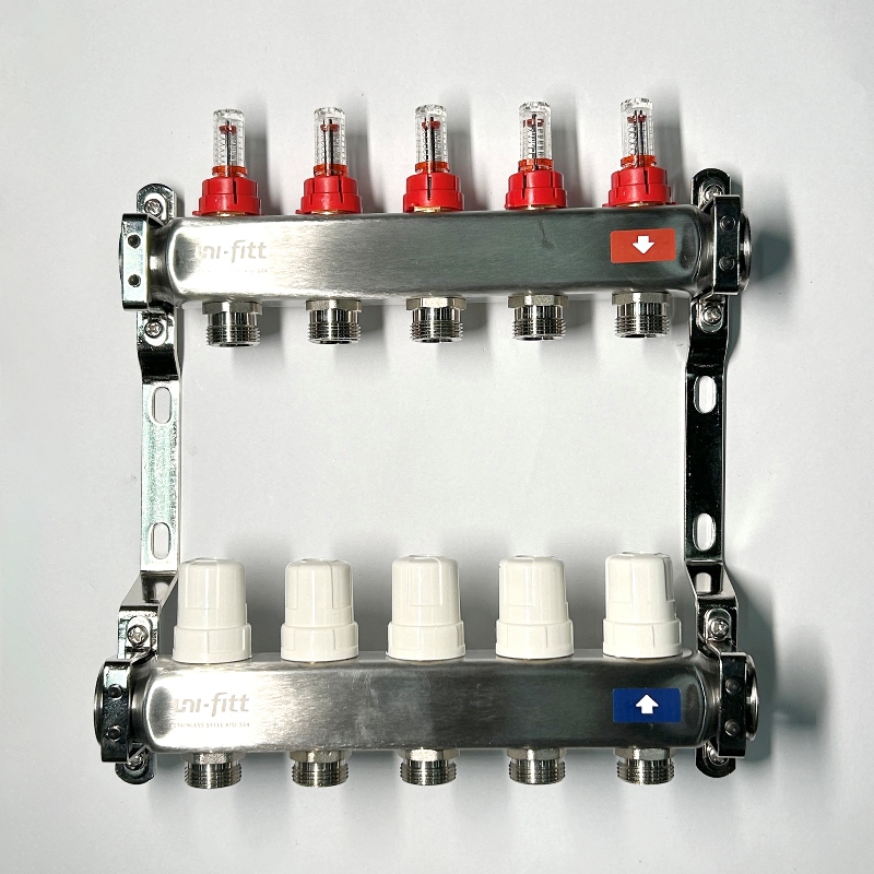 Колл.группа 1 х 5 вых 3/4 с расходомерами и термостатическими вентилями без конц, нерж. сталь