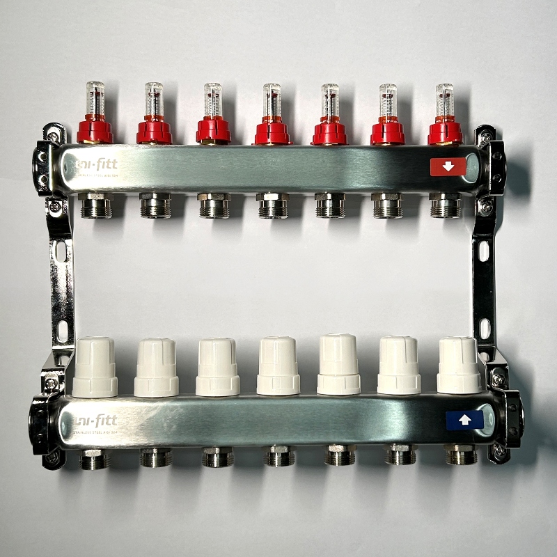 Колл.группа 1 х 7 вых 3/4 с расходомерами и термостатическими вентилями без конц, нерж. сталь