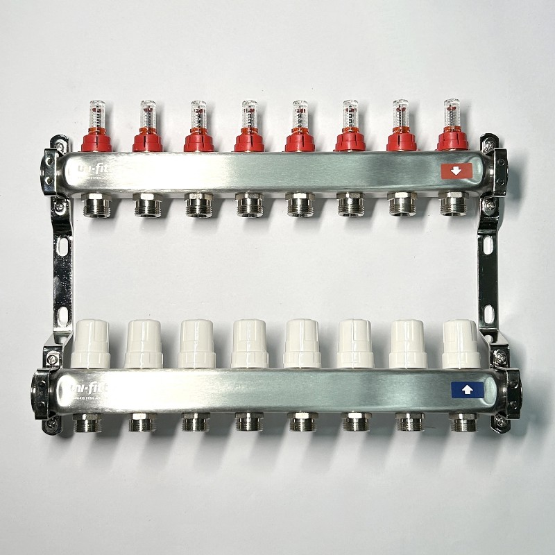Колл.группа 1 х 8 вых 3/4 с расходомерами и термостатическими вентилями без конц, нерж. сталь