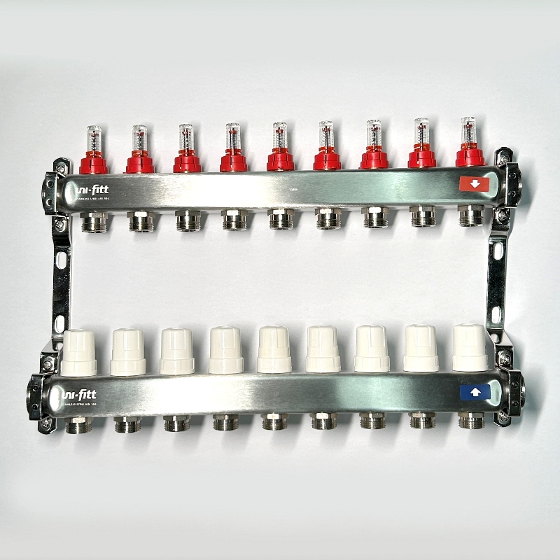 Колл.группа 1 х 9 вых 3/4 с расходомерами и термостатическими вентилями без конц, нерж. сталь