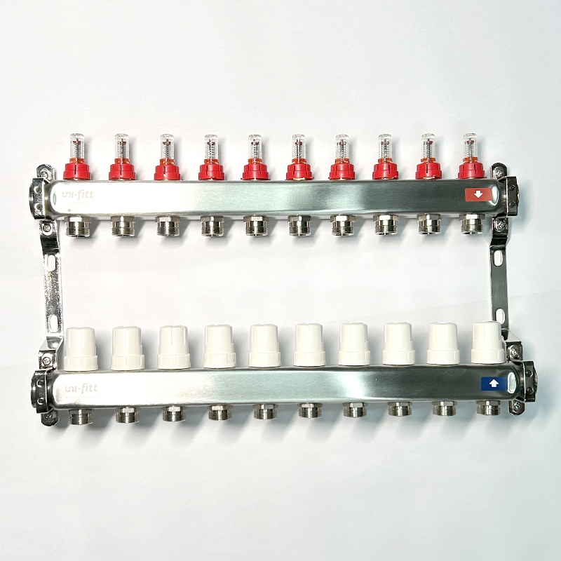 Колл.группа 1 х 10 вых 3/4 с расходомерами и термостатическими вентилями без конц, нерж. сталь