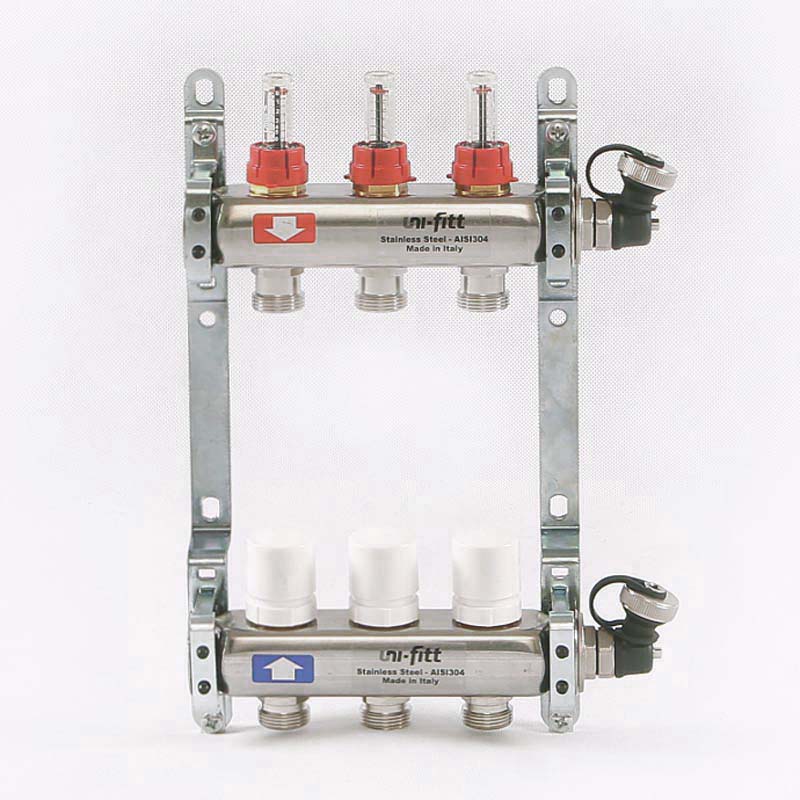 Колл.группа 1 х 3 вых 3/4 с расходомерами и термостатическими вентилями, нерж. сталь