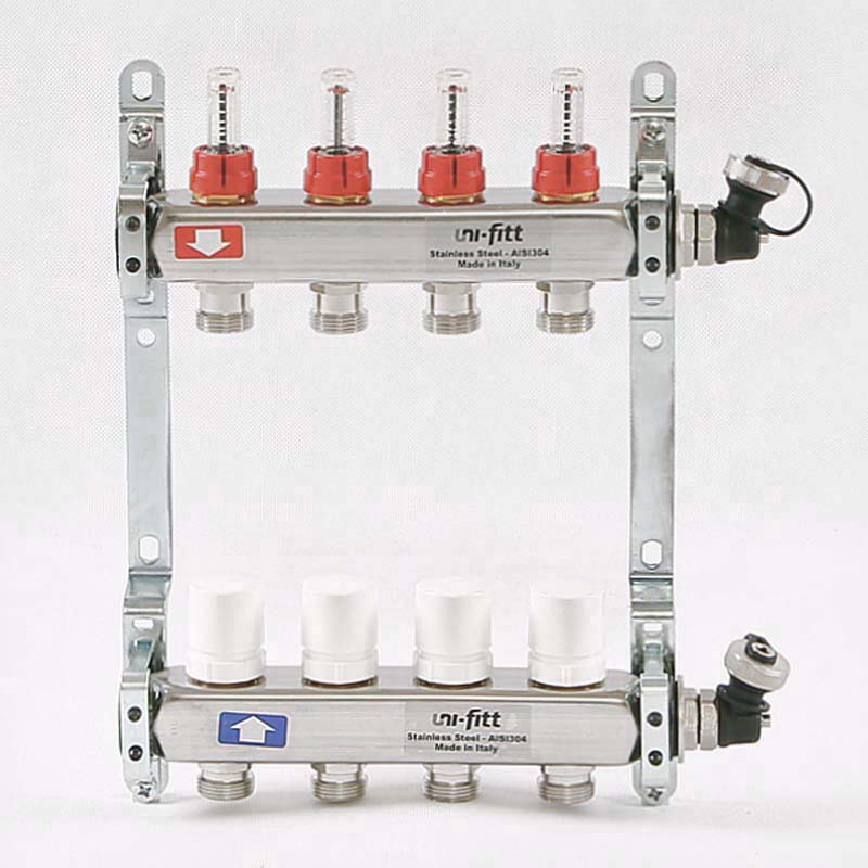 Колл.группа 1 х 4 вых 3/4 с расходомерами и термостатическими вентилями, нерж. сталь
