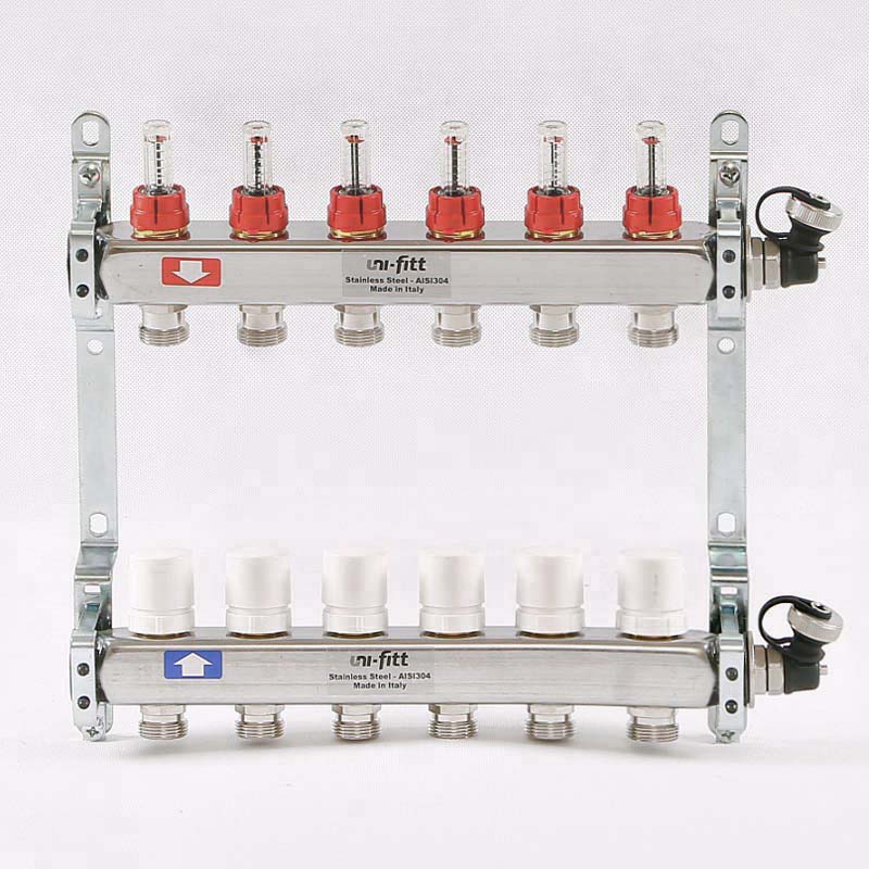 Колл.группа 1 х 6 вых 3/4 с расходомерами и термостатическими вентилями, нерж. сталь