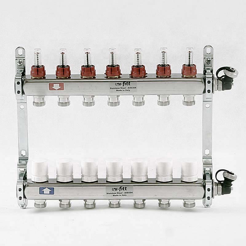 Колл.группа 1 х 7 вых 3/4 с расходомерами и термостатическими вентилями, нерж. сталь