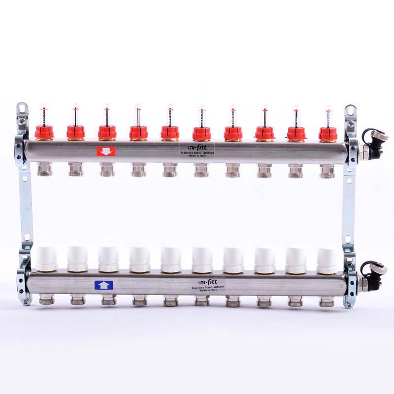 Колл.группа 1 х 10 вых 3/4 с расходомерами и термостатическими вентилями, нерж. сталь