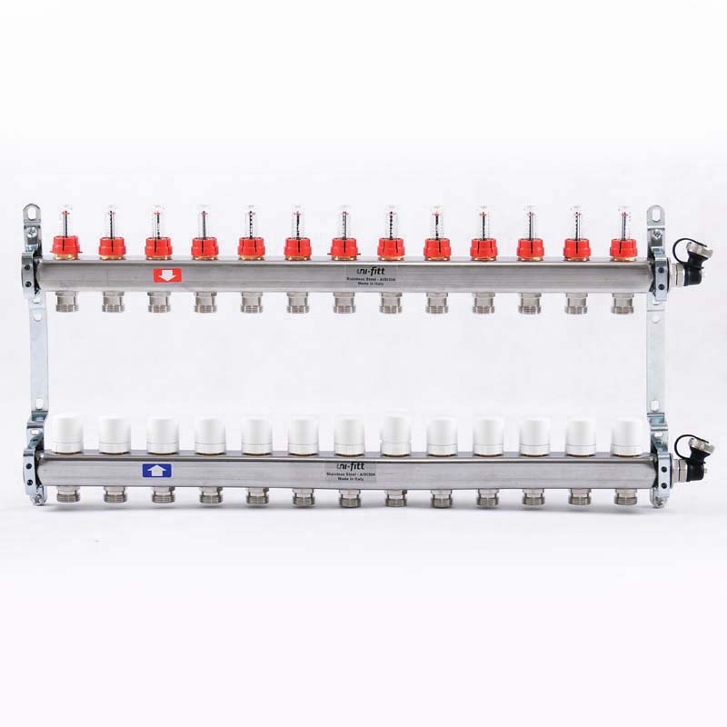 Колл.группа 1 х 13 вых 3/4 с расходомерами и термостатическими вентилями, нерж. сталь