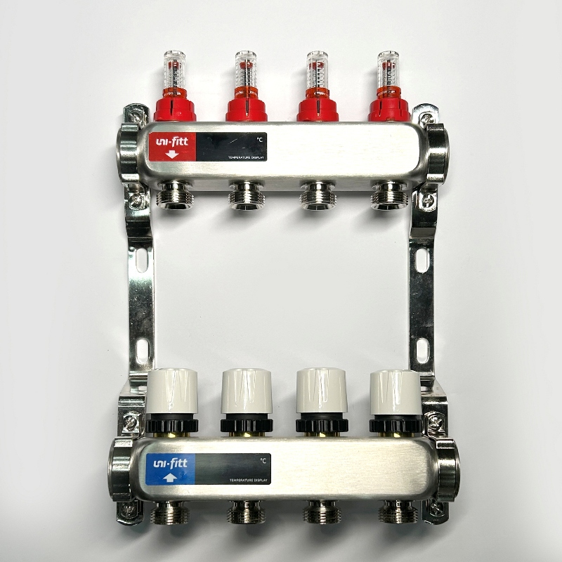 Колл.группа 1 х 4 вых 3/4 с расходомерами и термостатическими вентилями без конц, нерж. сталь