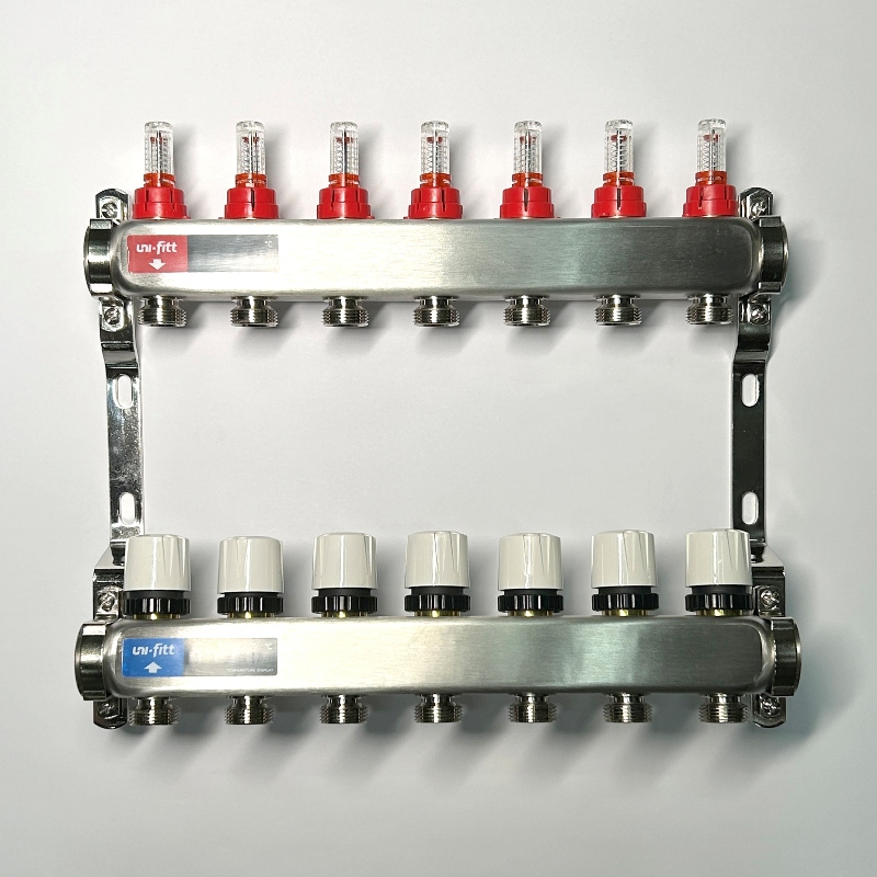 Колл.группа 1 х 7 вых 3/4 с расходомерами и термостатическими вентилями без конц, нерж. сталь