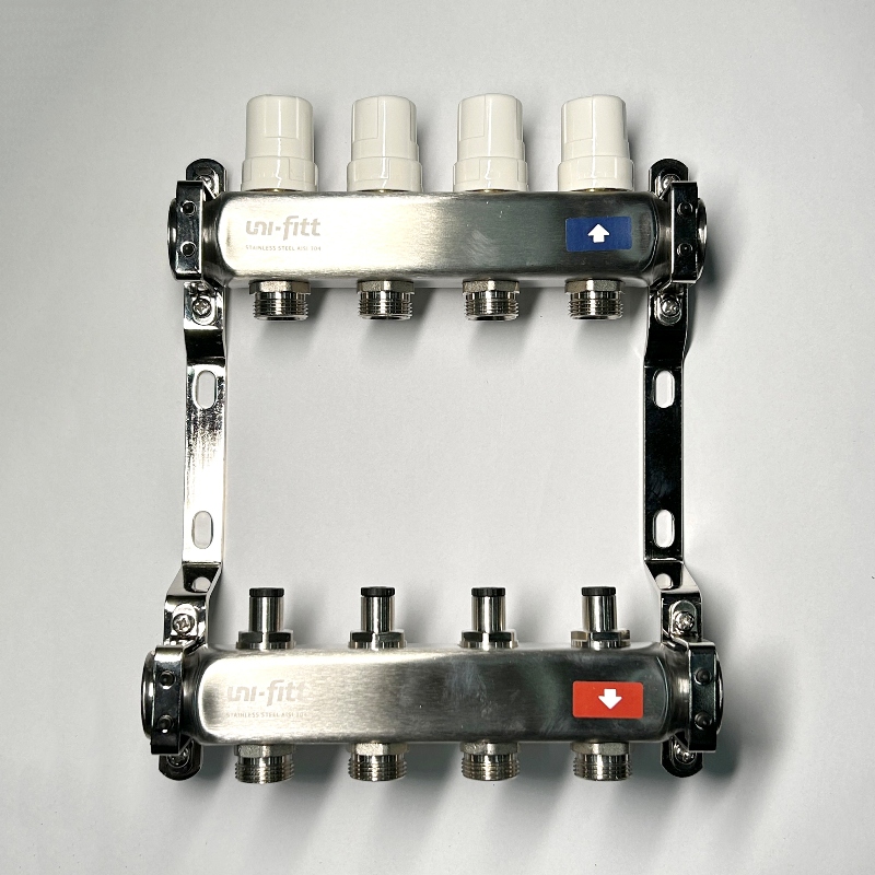 Коллекторная группа 1 x 4 выхода 3/4 STOUT с балансировочными клапанами из нержавеющей стали без концевых групп 451W4304