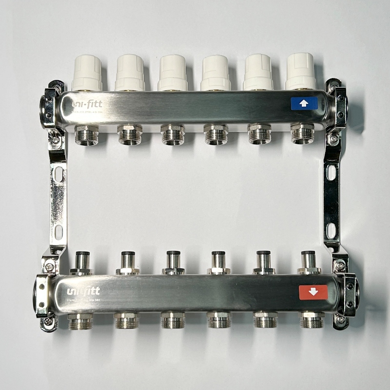 Колл.группа 1 х 6 вых 3/4 с балансировочными и термостатическими вентилями без конц, нерж. cталь