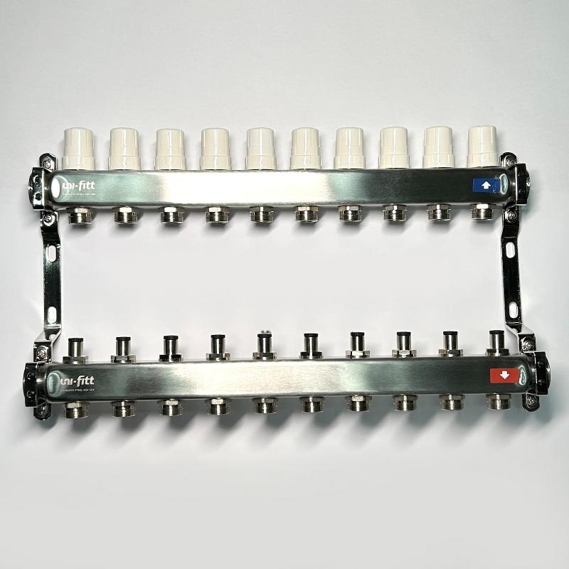 Коллекторная группа STOUT 1 x 10 выходов 3/4 с балансировочными и термостатическими вентилями без концевых групп нержавеющая сталь 506248