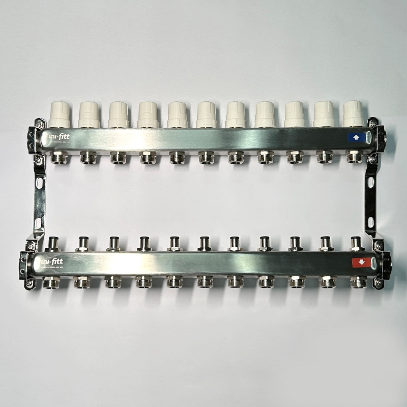 Коллекторная группа STOUT 1 x 11 выходов 3/4 с балансировочными и термостатическими вентилями без концевых групп нержавеющая сталь 506250