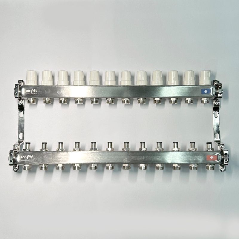 Коллекторная группа 1 x 12 выходов 3/4 STOUT с балансировочными клапанами из нержавеющей стали без концевых групп 451W4312