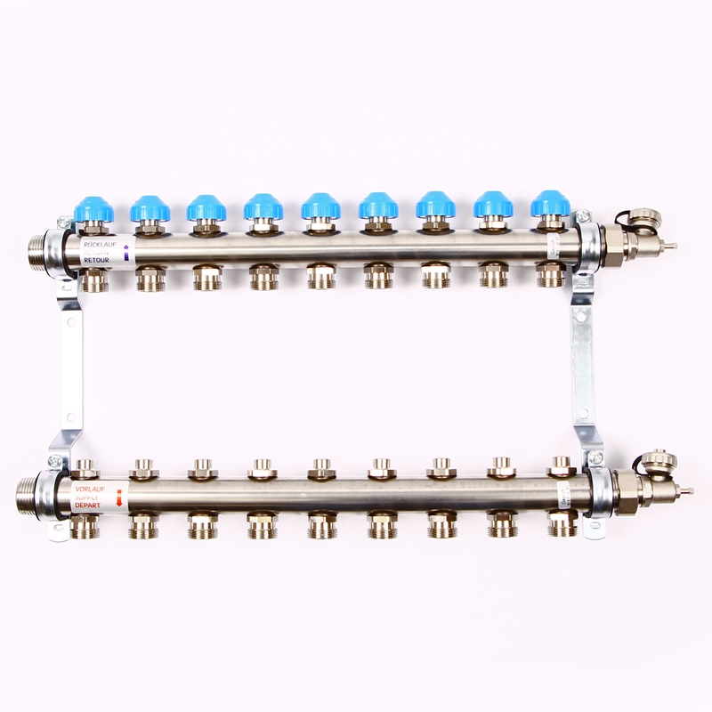 Колл.группа Н 1 х 9 вых 3/4 с балансировочными и термостатическими вентилями, нерж. сталь