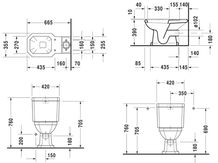 Унитаз-компакт Duravit 1930 355x665x390 мм горизонтальный выпуск белый 0227090000