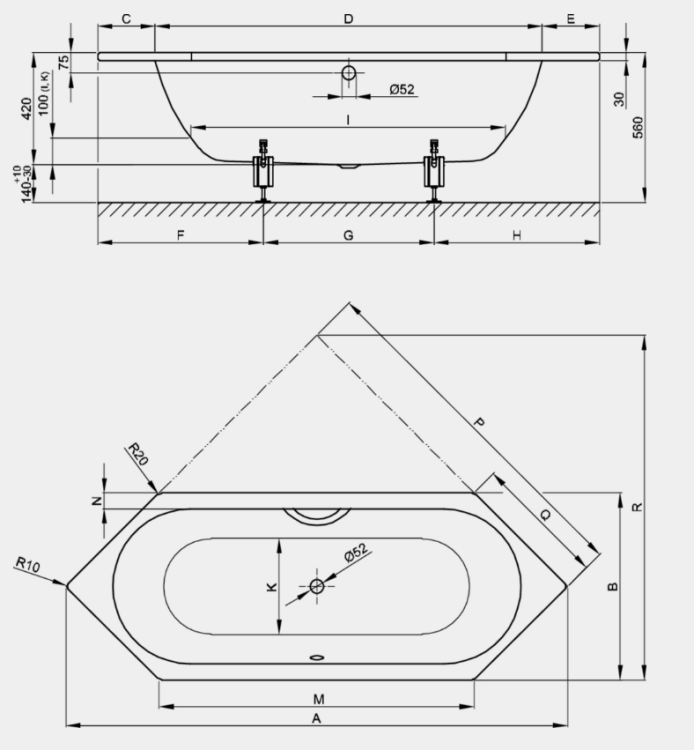 Ванна Bette BetteStarlet Hexa 2000x750 мм встраиваемая цвет Pergamon 2060001