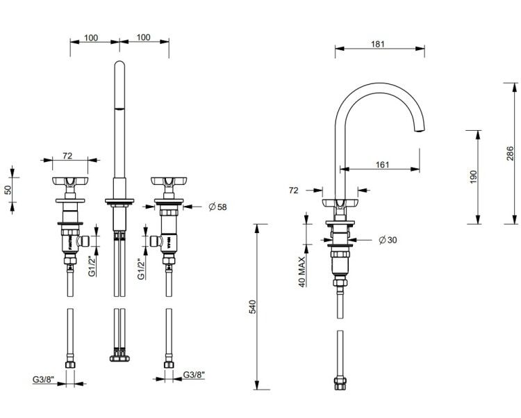 Смеситель для раковины Fantini Icona Classic на 3 отверстия вентильный Pure Brass PVD 53Q7R007W