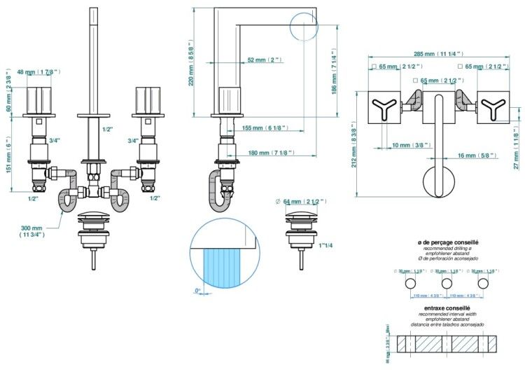 Смеситель для раковины THG Paris Icon-X Metal inlay 3 отверстия золото PVD U7JH52151