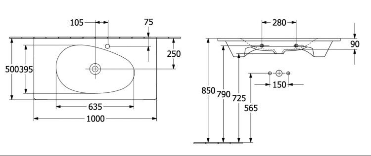Раковина Villeroy & Boch Antao 1000x500x90 мм встраиваемая/накладная цвет Pure Black CeramicPlus 4A76A2R7