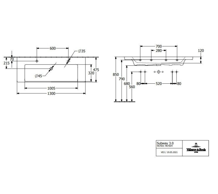 Раковина двойная Villeroy & Boch Subway 3.0 1300x475 мм 2 отверстия для смесителя 4A70D401