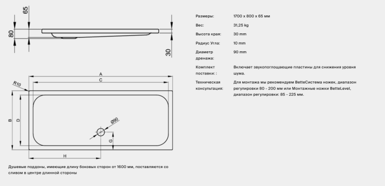 Душевой поддон Bette BetteSupra 1700x800x65 мм с BetteАнтислип Pro белый 5972-000AE