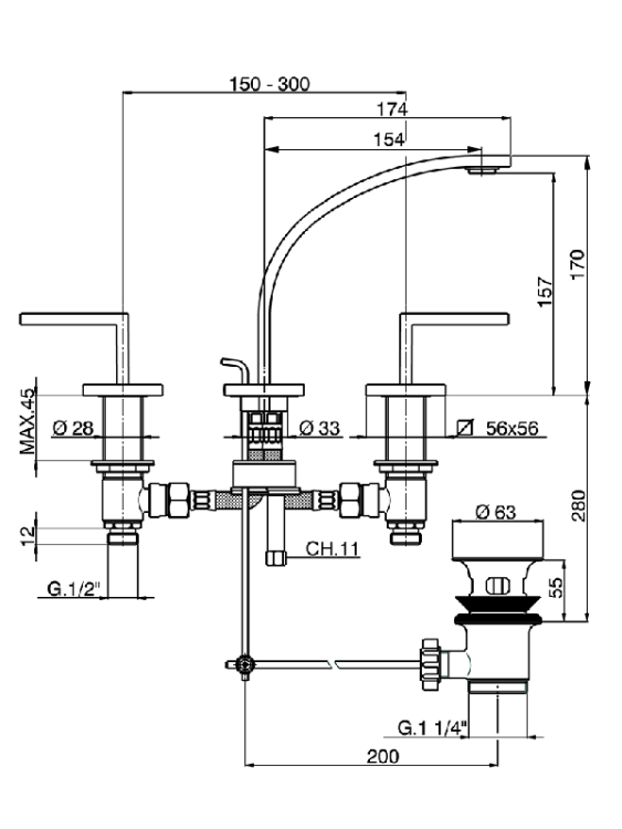 Смеситель для раковины Cisal Wave на 3 отверстия хром WA00102121