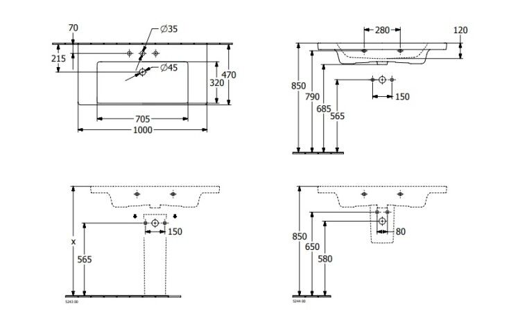 Раковина для мебели Villeroy & Boch Subway 3.0 1000x470 мм альпийский белый 4A70A501